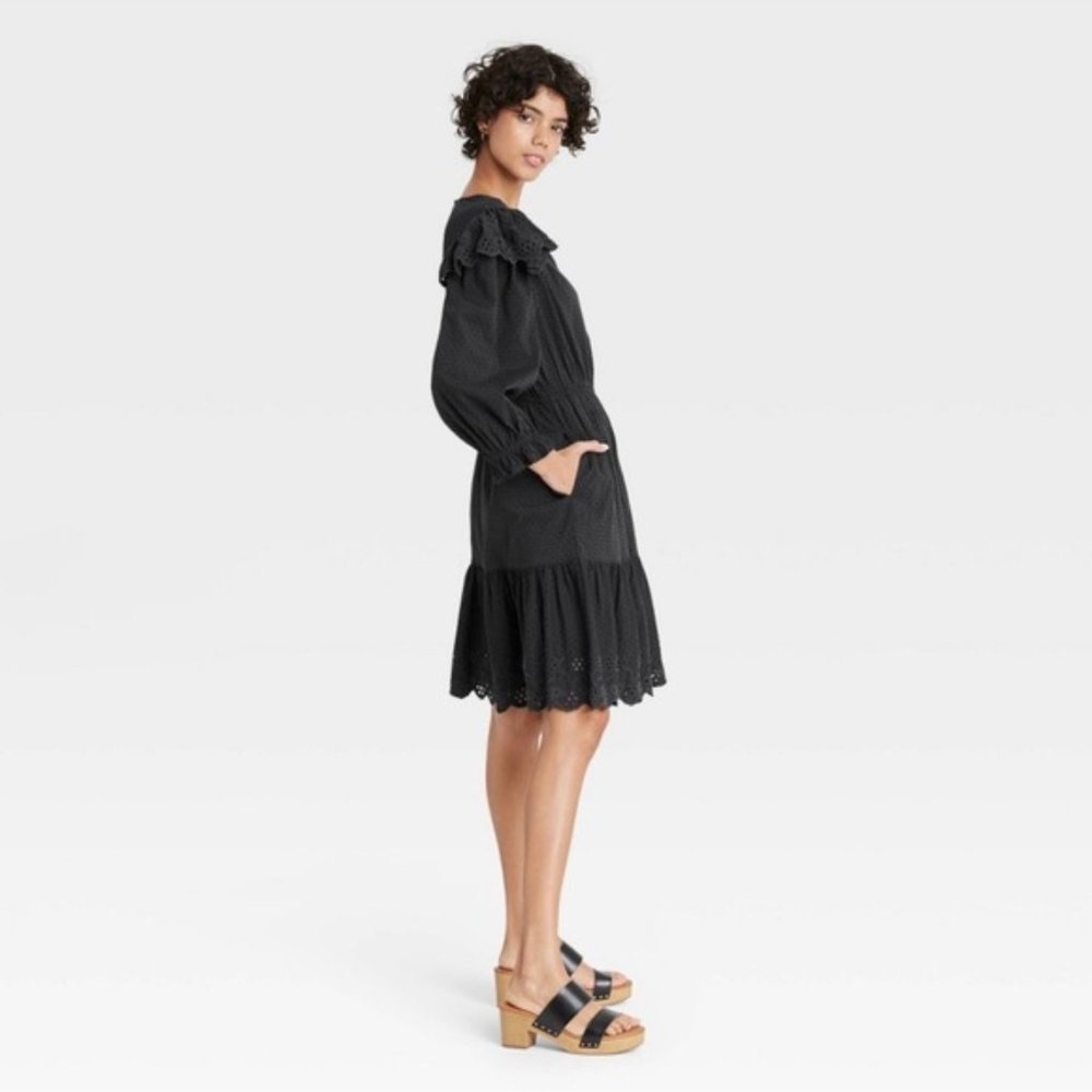 XL Eyelet Ruffle Long-sleeve Dress Dark Gray/Black Dark Cottagecore - Ravencore - Picture 10 of 11